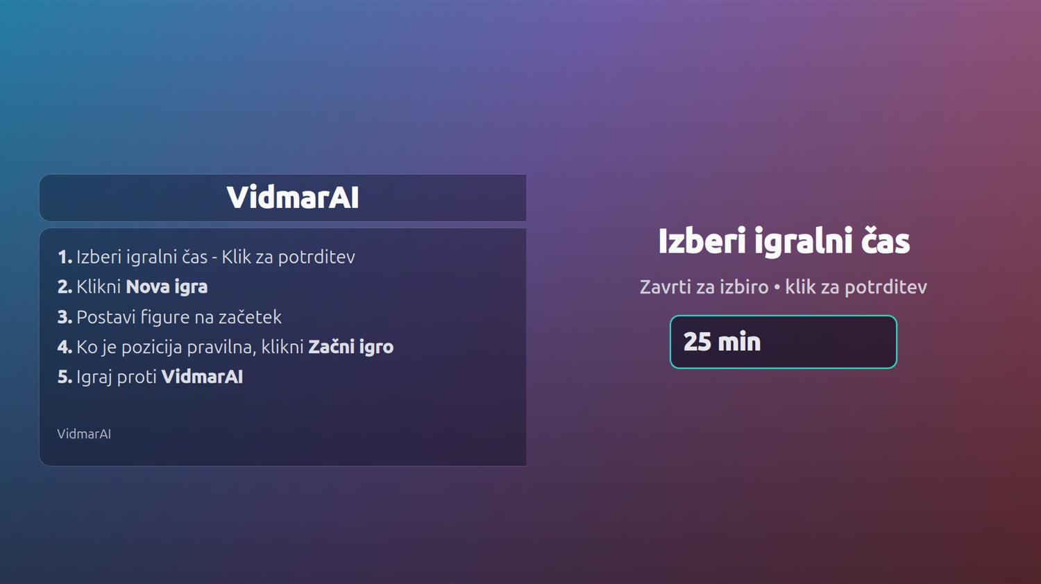 Grafični vmesnik VidmarAI z izbiro igralnega časa