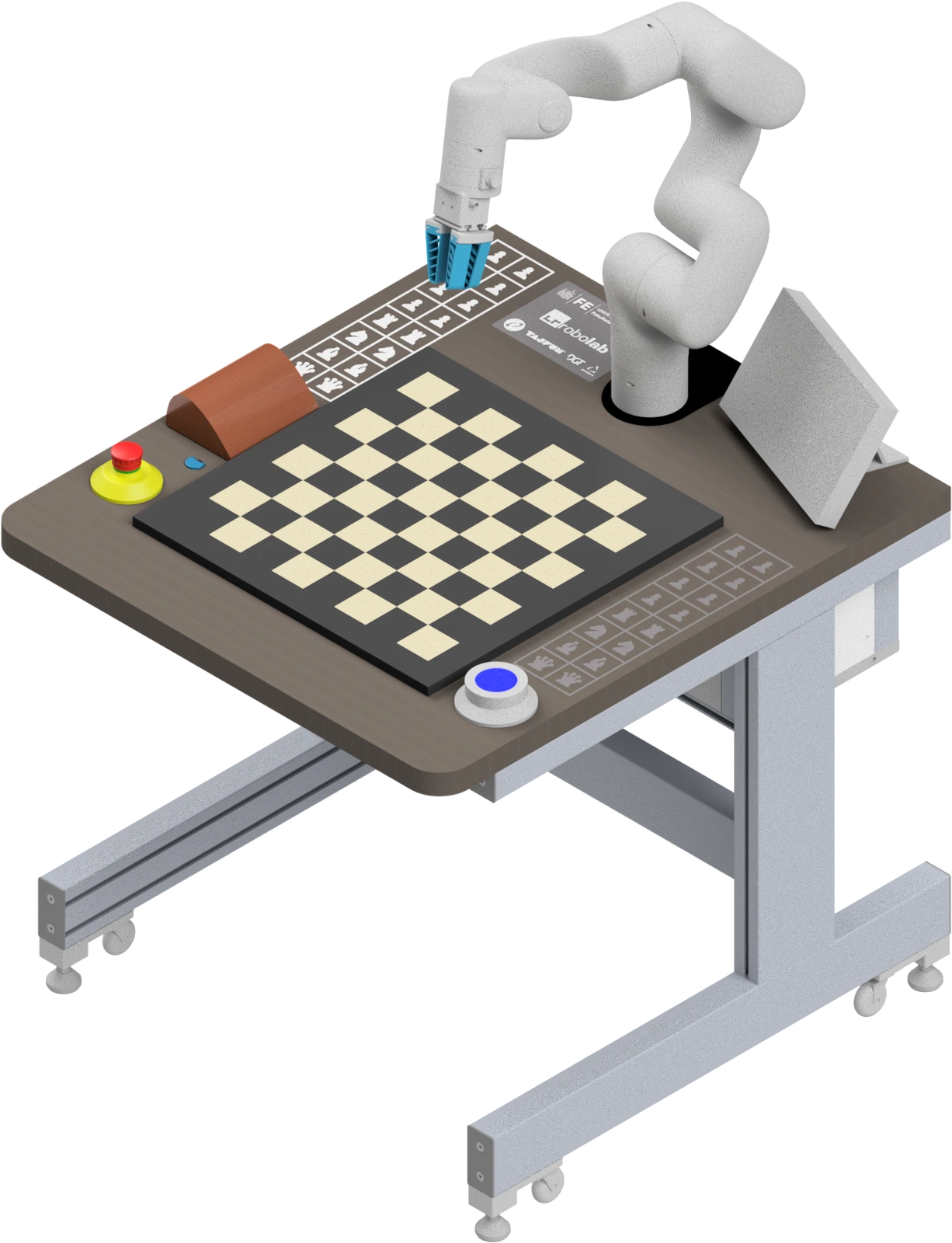 3D model robotske celice RoboChess z označenimi komponentami